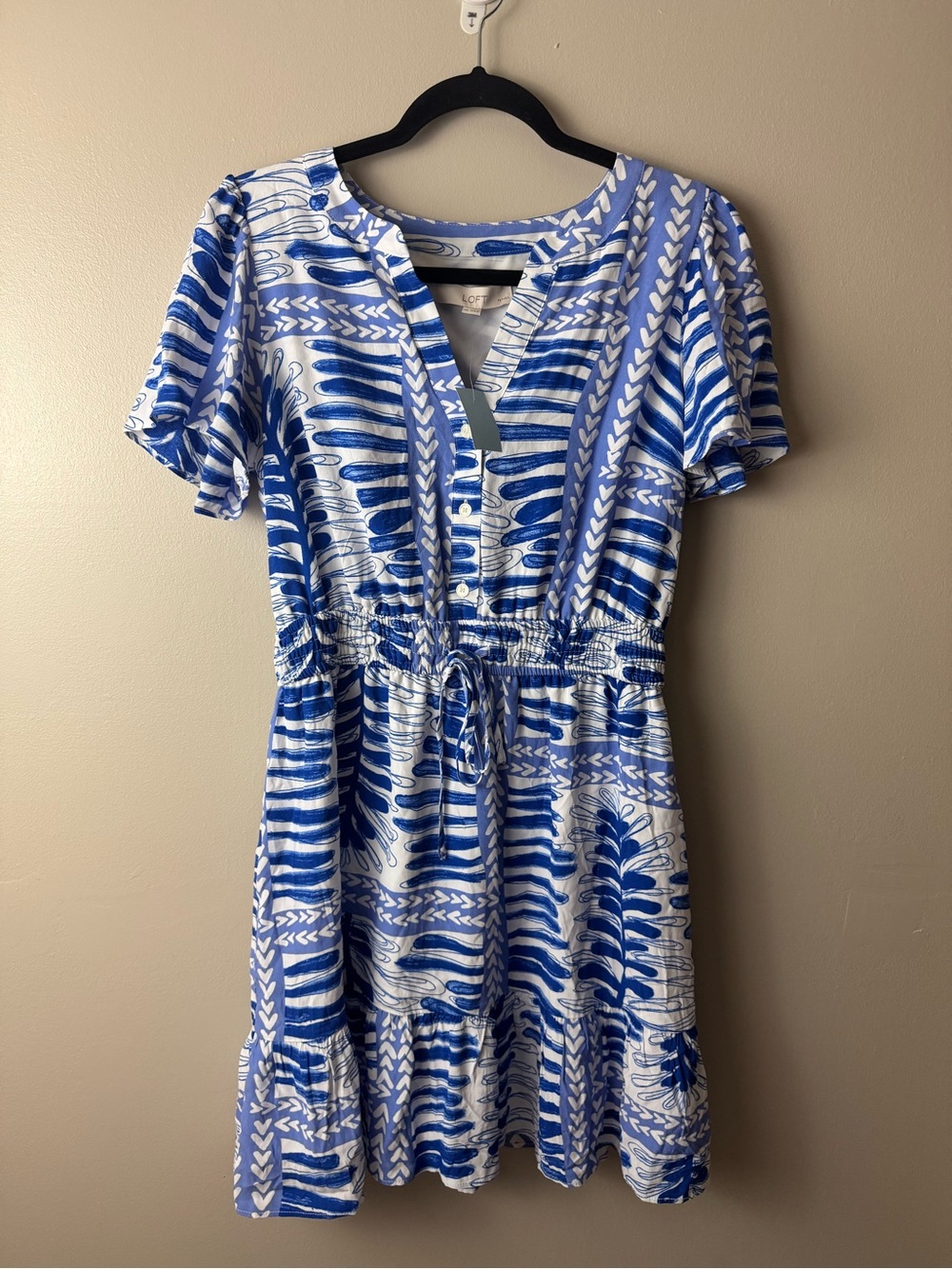 LOFT Blue & White Printed Drawstring Waist Dress NWT Petite Medium Resort Beach